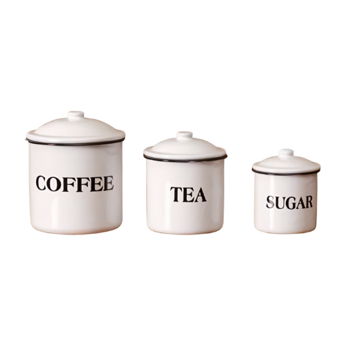 White Enamelware Canisters - Coffee, Tea, Sugar